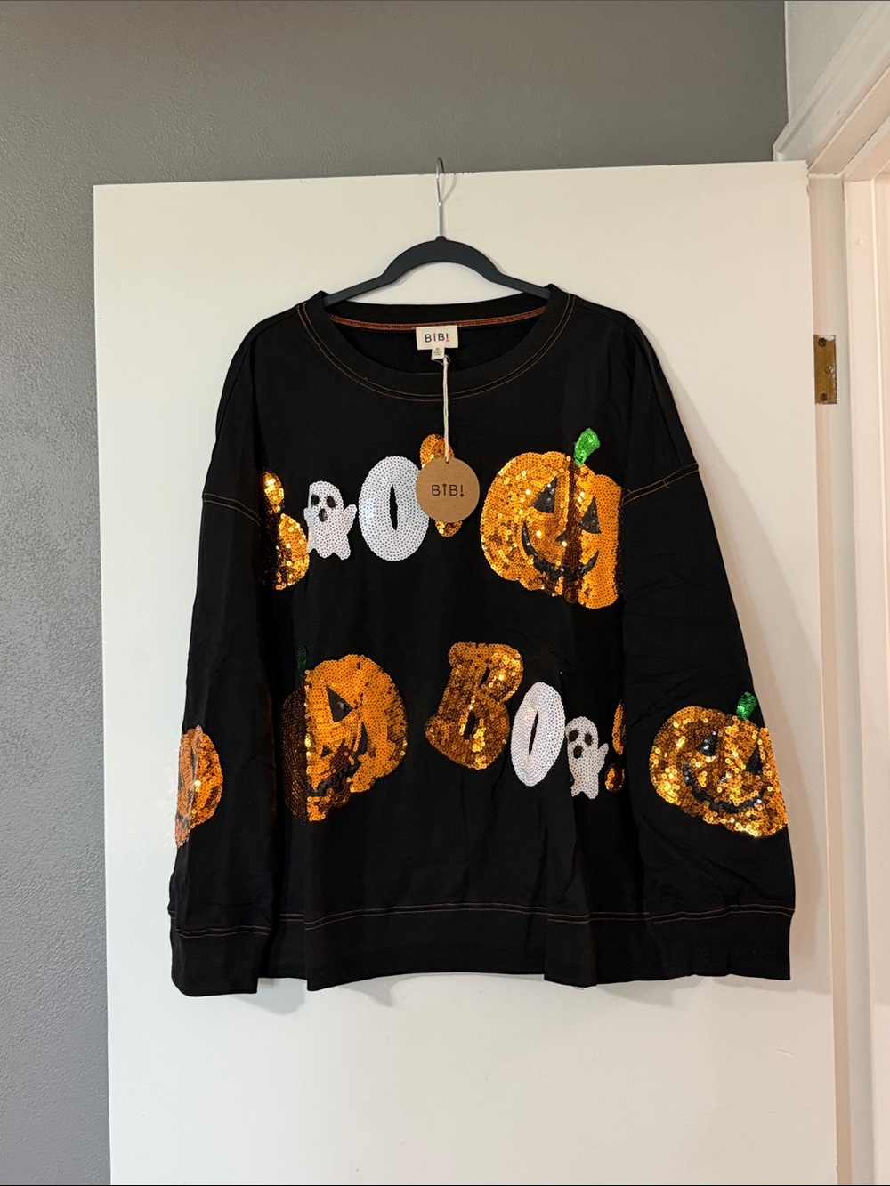 BiBi Black Crewneck Sweatshirt with Orange Sequin Pumpkins and White Ghosts